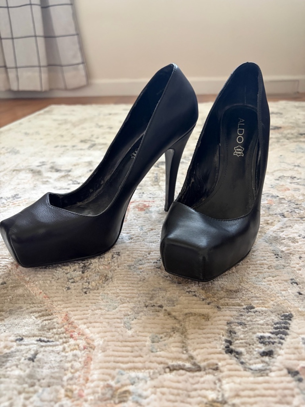 ALDO Black Leather Square-Toe Platform Stilettos